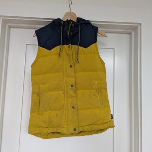 Patagonia Womens Hooded Down Bivy Vest YELLOW/NAVY Mushroom Forest XS
